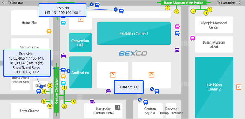 버스로 벡스코오는 방법 약도로 자세한 내용은 TIP 시내버스 정류장 내용 참고