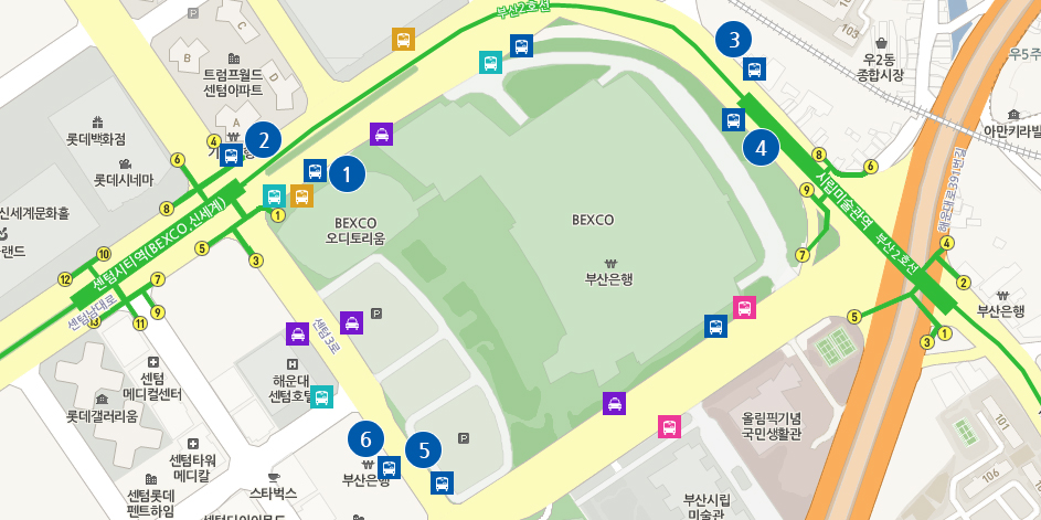 버스로 벡스코오는 방법 약도로 자세한 내용은 TIP 시내버스 정류장 내용 참고