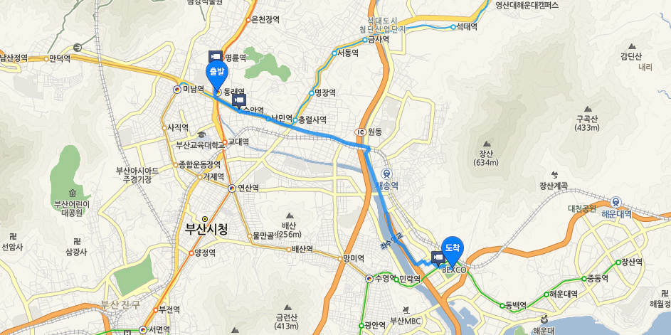 동래에서 벡스코로 오시는 방법 약도로 자세한 설명은 TIP 동래 → 벡스코로 오시는 방법 참고