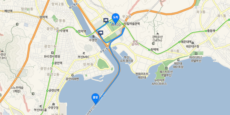 광안대교에서 벡스코로 오시는 방법 약도로 자세한 설명은 TIP 광안대교 → 벡스코로 오시는 방법 참고